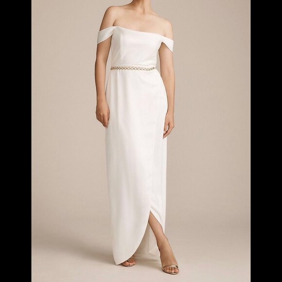 BHLDN Ivory Off-The-Shoulder Satin Maxi Dress - Picture 1 of 7